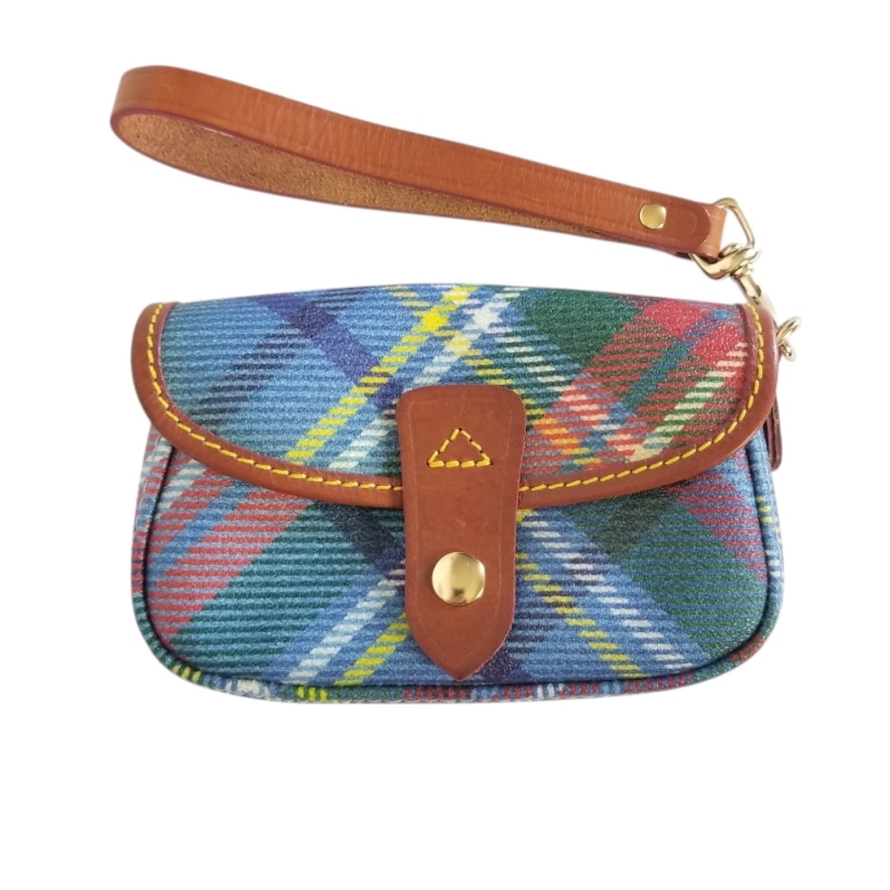 DOONEY & BOURKE Tartan Plaid Canvas And Leather Front Flap Wristlet Made In USA